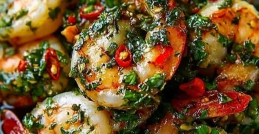 Plate of shrimp chimichurri topped with fresh herbs and spices