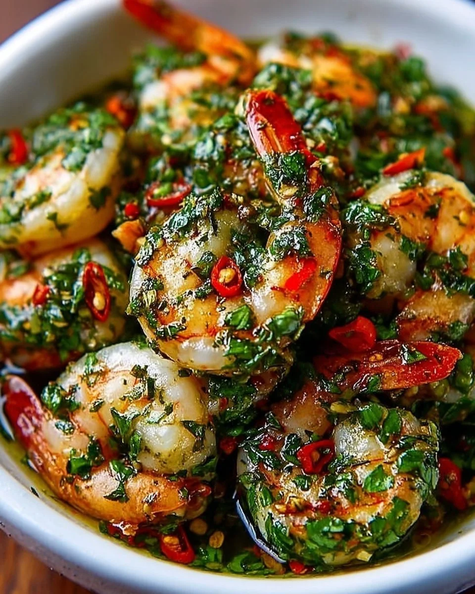 Plate of shrimp chimichurri topped with fresh herbs and spices