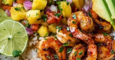 Shrimp rice bowl with pineapple salsa garnished with fresh ingredients