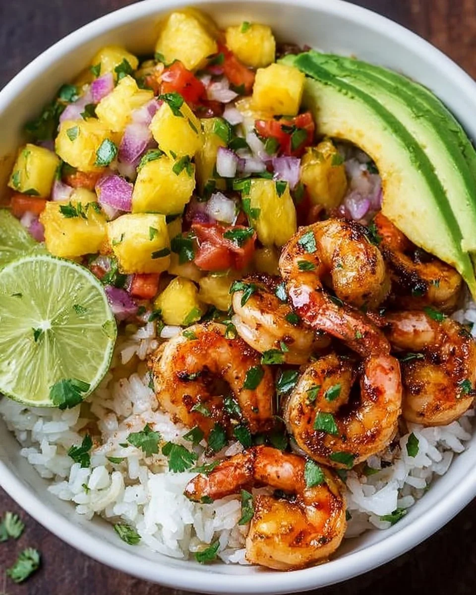 Shrimp rice bowl with pineapple salsa garnished with fresh ingredients