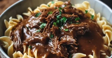 Slow Cooker Beef and Noodles dish served in a bowl