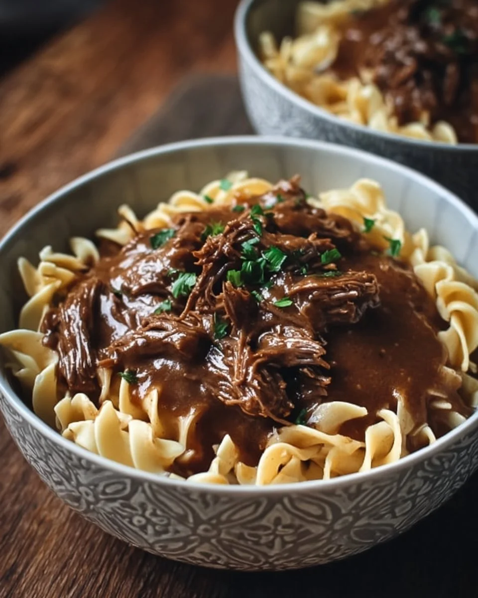 Slow Cooker Beef and Noodles dish served in a bowl