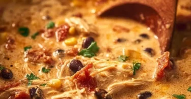 Bowl of slow cooker cheesy chicken chili topped with cheese and herbs