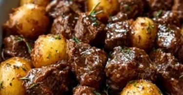 Delicious slow cooker garlic butter beef bites with potatoes