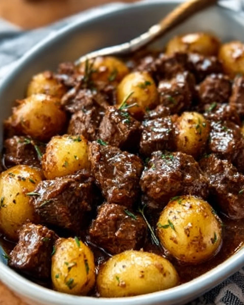 Delicious slow cooker garlic butter beef bites with potatoes