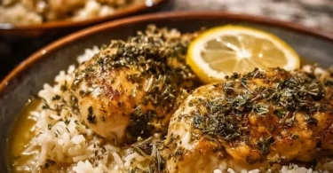 Delicious slow cooker lemon herb chicken with rice served on a plate.