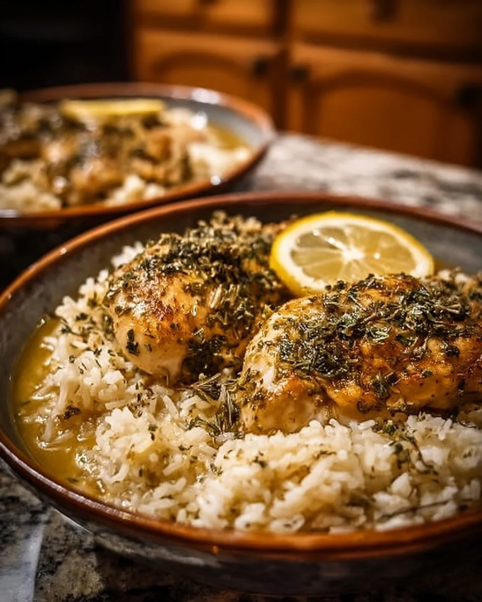 Delicious slow cooker lemon herb chicken with rice served on a plate.