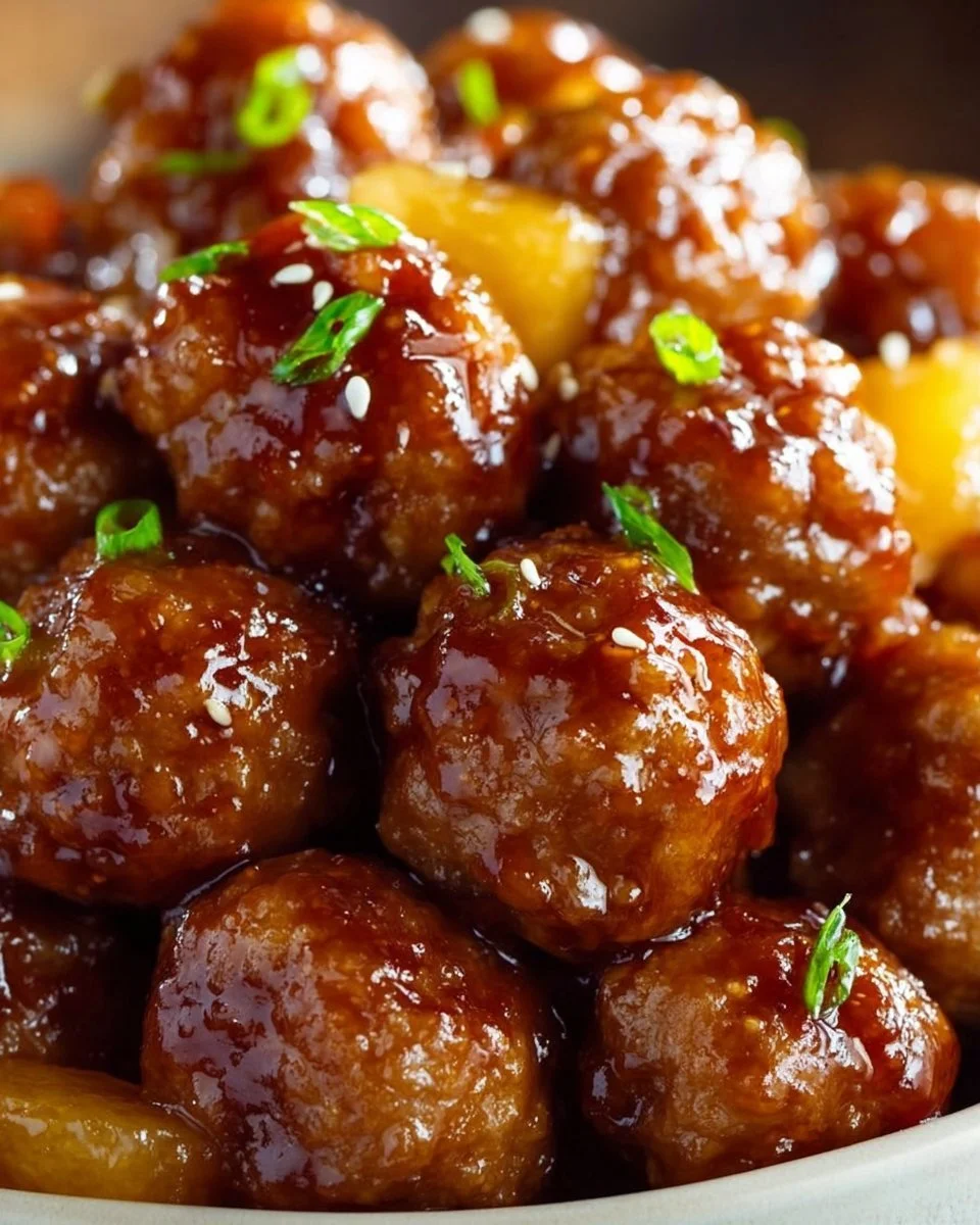Slow cooker teriyaki meatballs served with rice and vegetables