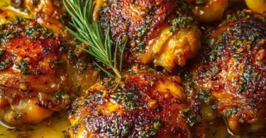 Smoky Paprika Lemon Chicken Thighs on a plate garnished with lemon slices and herbs