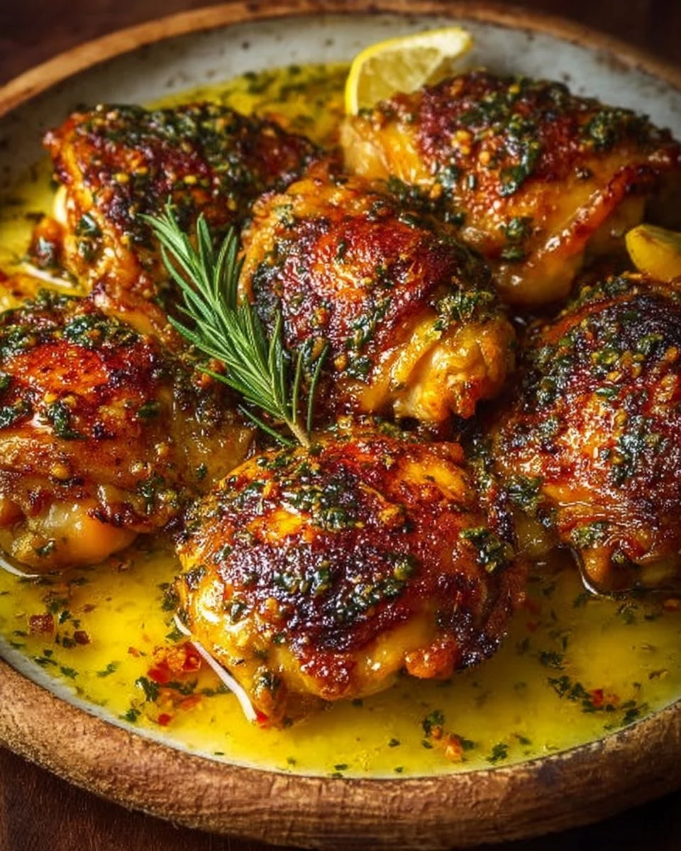 Smoky Paprika Lemon Chicken Thighs on a plate garnished with lemon slices and herbs