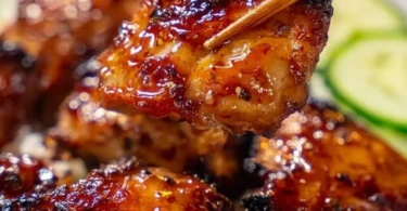 Sticky Sweet Chili Chicken Thighs served on a platter with garnishes.