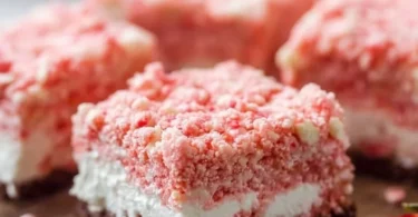 Delicious Strawberry Crunch Brownies with strawberry topping and chocolate base