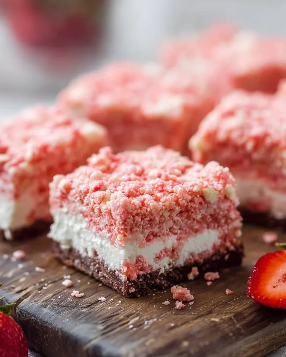 Delicious Strawberry Crunch Brownies with strawberry topping and chocolate base