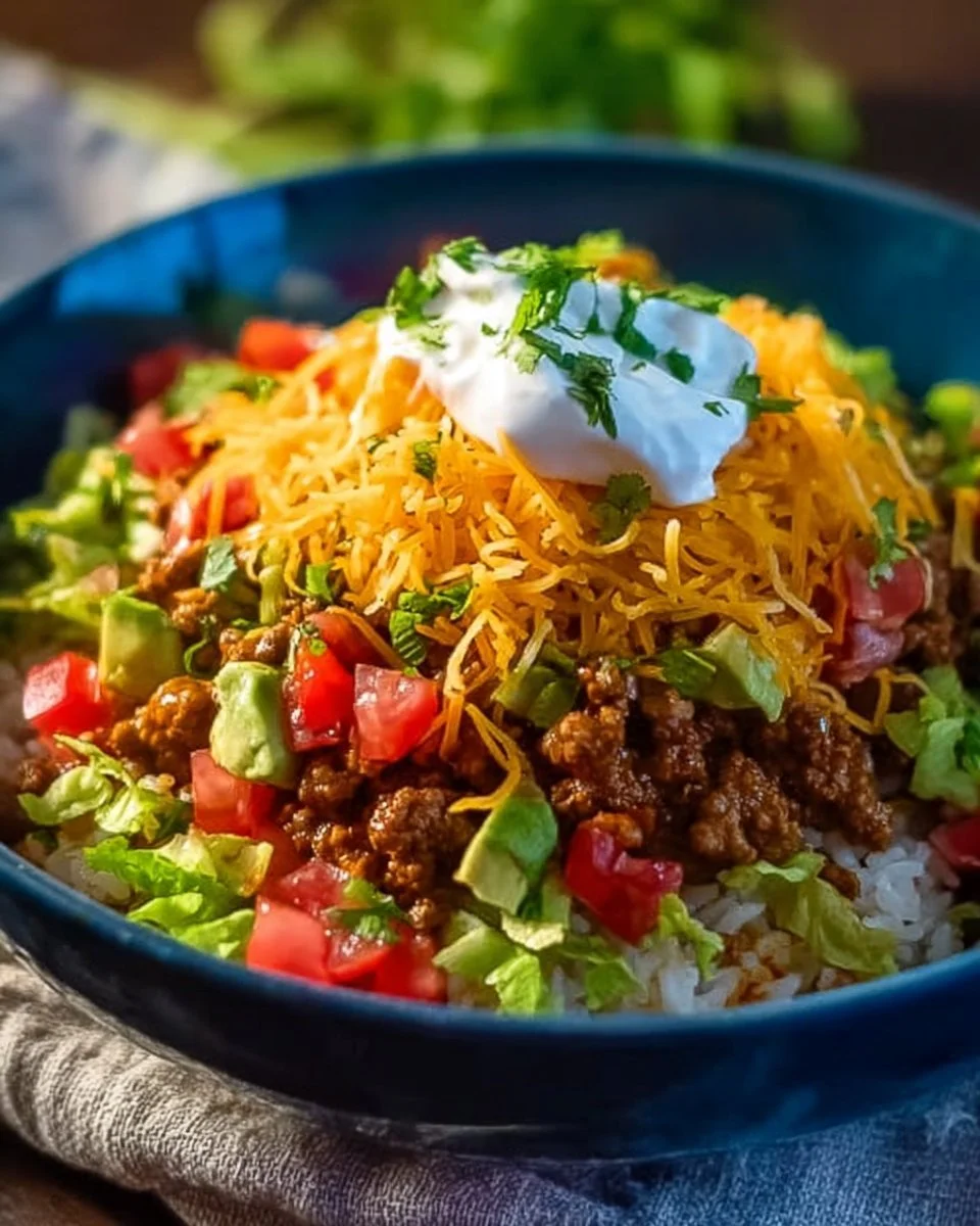 Delicious Taco Rice Bowl with toppings and ingredients
