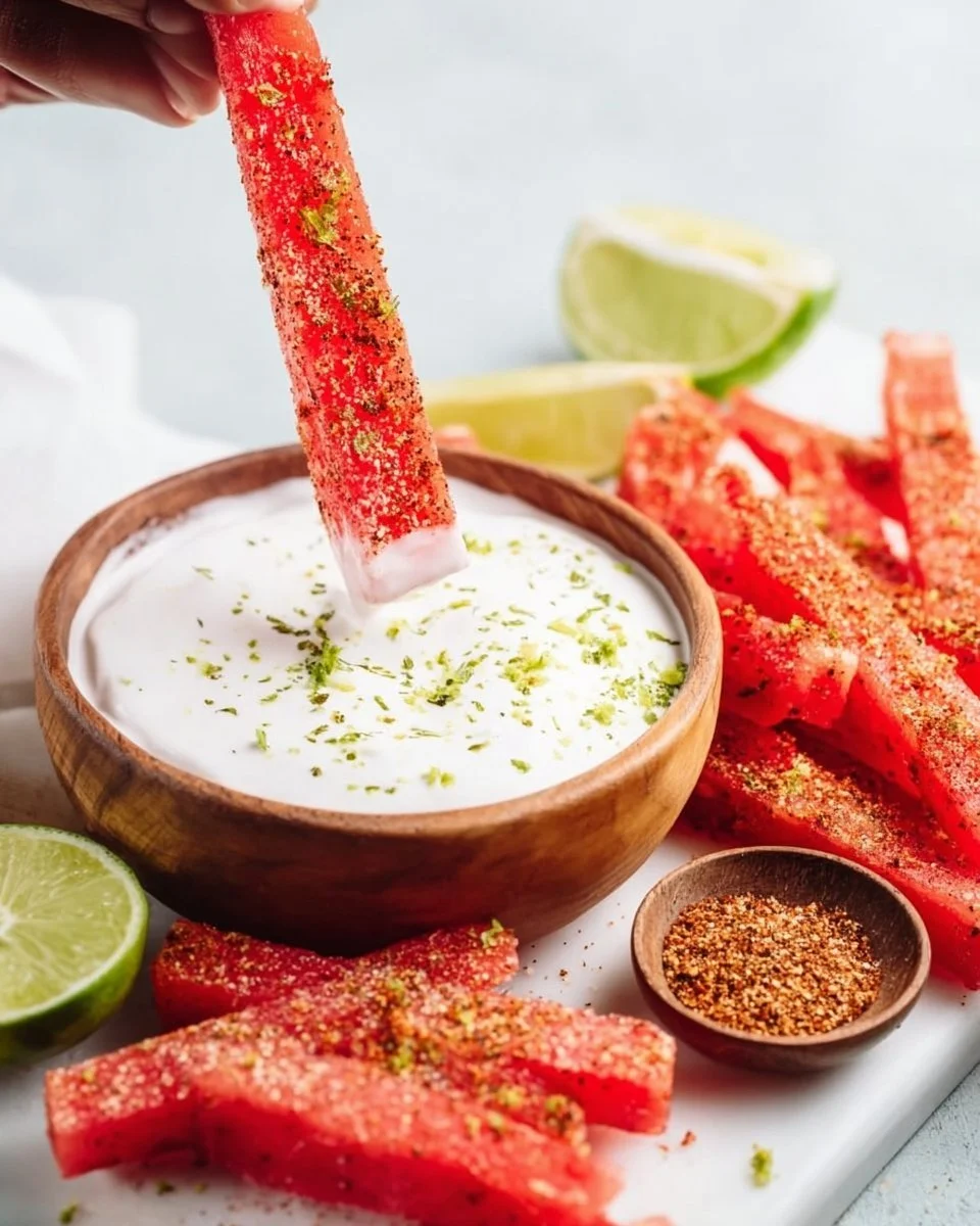 Tajin-coated spicy watermelon fries topped with chili seasoning
