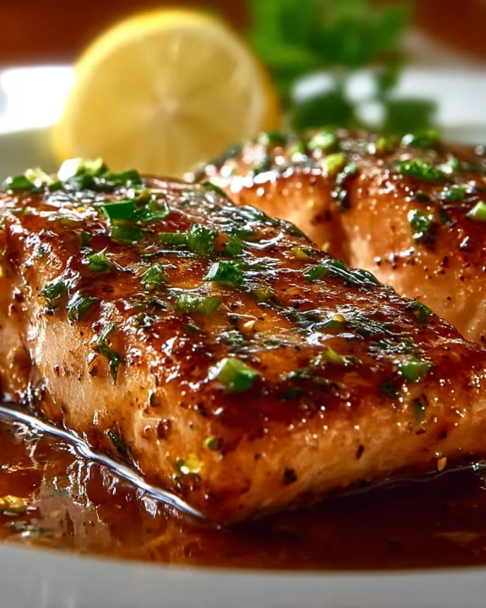 Texas Roadhouse style baked salmon dish plated with lemon and herbs