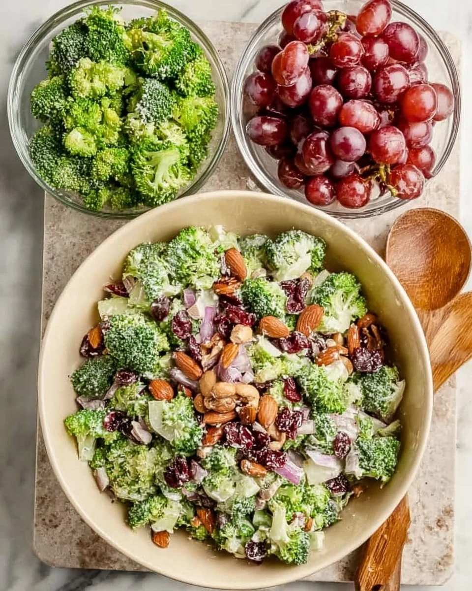 Bowl of colorful Vegan Broccoli Salad with fresh vegetables and dressing