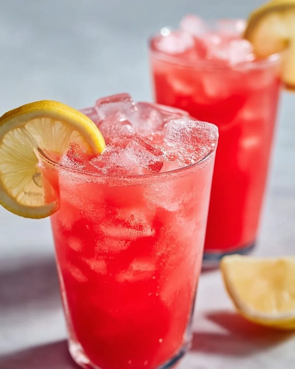 A refreshing glass of watermelon lemonade with ice and mint leaves.
